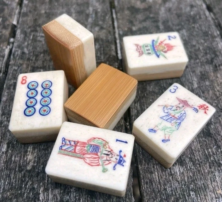 Mahjong Set Oriental Golden Wood Box 152 Bone & Bamboo Tiles Case Mah Jong Jongg - Image 4 of 4