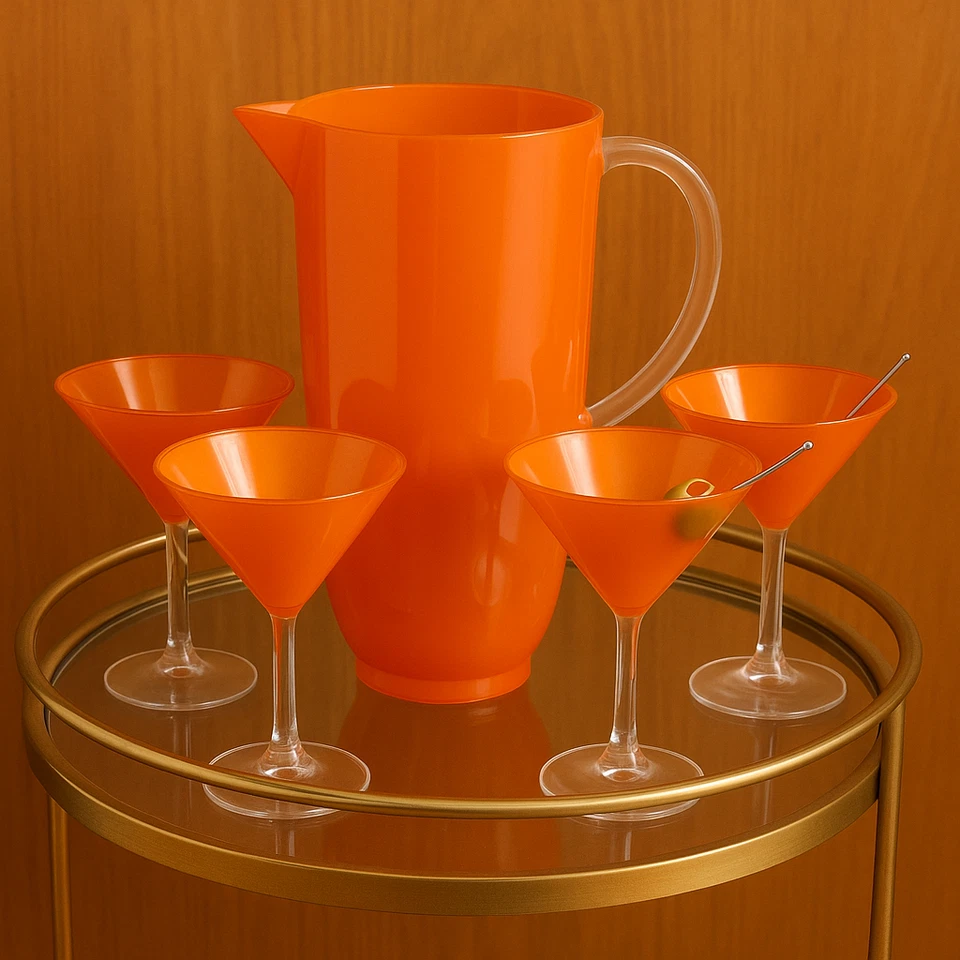 Juego de Martini/Cóctel Acrílico Naranja Vintage, Jarra y 4 Vasos Retro Años 70 Foto 2 de 4