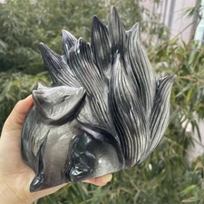 2.7LB 6.3" Natural Silver Obsidian Nine Tailed Fox Carved Crystal Quartz Reiki