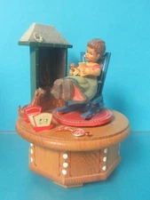 GENUINE THORNES MUSIC WORK BOX SWISS PLAYS SCARLET RIBBON GIRL IN ROCKING CHAIR
