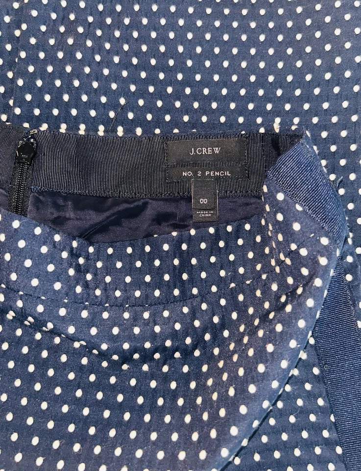 J CREW No. 2 Falda Lápiz Talla 00 Azul Marino Blanco Lunares Bordada Forrada Usada en Excelente Condición Foto 4 de 4