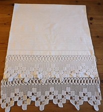 LINEN CROCHET EDGED TABLE RUNNER MONOGRAMMED WITH A 'W '- 50cm X 1.22 m