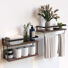 2 PCS Rustic Brown Wood Floating Shelves Metal Frame Tissue Rack Towel Bar