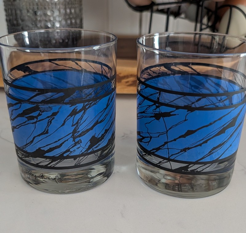 RARE MCM Georges Briard Blue Vein Whiskey Glasses Set of Two Vintage Barware EUC