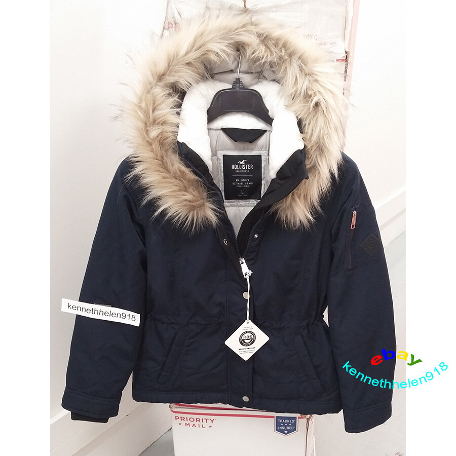 HOLLISTER COZY LINED DOWN ANORAK JACKET COAT NAVY BLUE