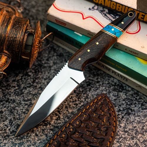 Cuchillo de caza Wild Blades 8,6" Full Tang hecho a mano EDC Damasco + funda de cuero