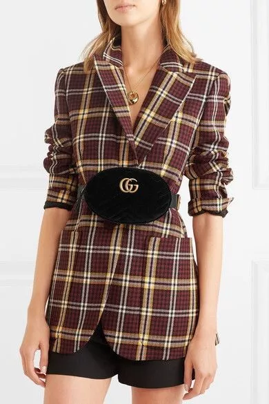 Authentic Gucci GG Marmont Black Velvet Leather Waist Belt Bag 85•34 476434