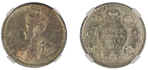 British India KGV 1913 (C) 1/4 Rupee NGC MS-61