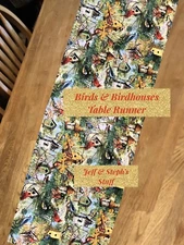 Bird Houses, Birdhouse, Table Runner, unlined but hemmed Decoration, 42”L X 14”W
