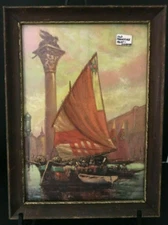 Vintage Framed Old German Magazine Print - Sailboats with Passengers on River