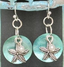 Etched Silver Starfish Dangle Earrings with Aqua Blue Shell and Pearl.
