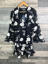 Sosandar Faux Wrap Dress Size UK 8 Black Floral Slute Sleeves Chiffon Lace Trim