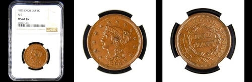 1855 1C NGC MS64BN-RARE KNOB ON AIR- BRAIDED HAIR CENT---