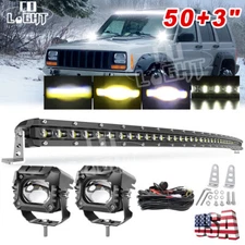 Curved 50" LED Light Bar Roof +3" Pods + Wire Kit For 1984-2001 Jeep Cherokee XJ