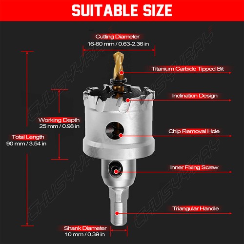 TCT Hole Saw Kit 16mm-54mm Tungsten Carbide Tip Hole Cutter for Hard Metal NEW - 第 6/12 張圖片
