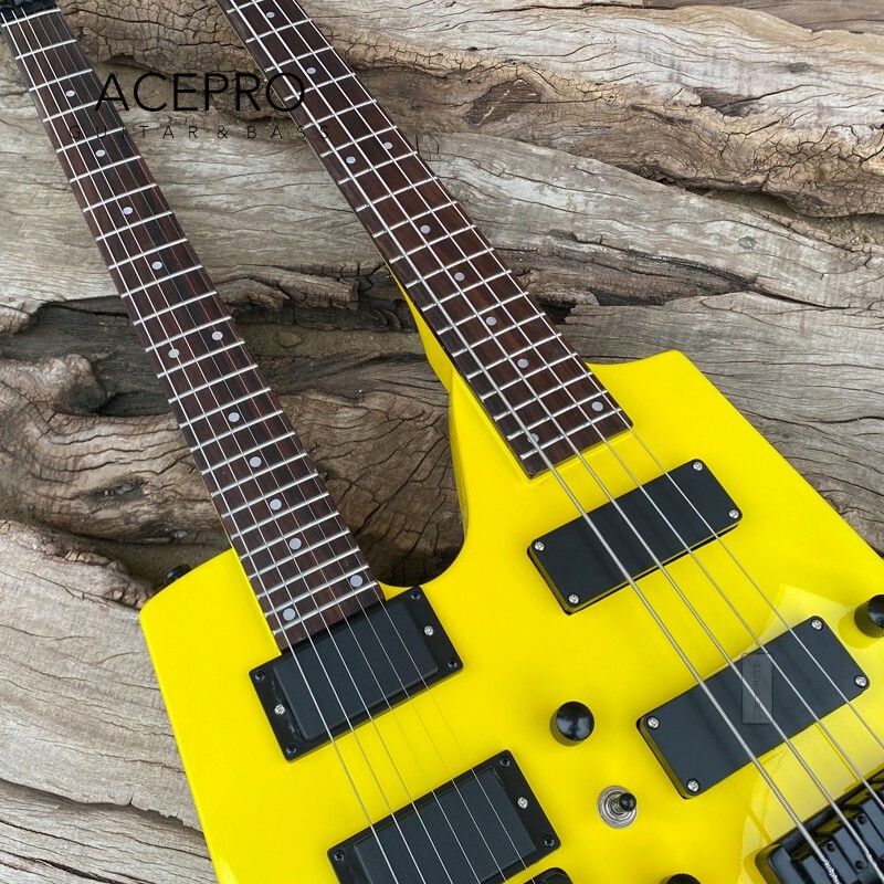 Neon Yellow Double Neck Headless Electric Guitar 6 String