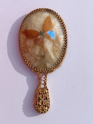 Vintage Handspiegel Goldoptik Morpho Schmetterling Perlmutt Look, Antik Stil RAR
