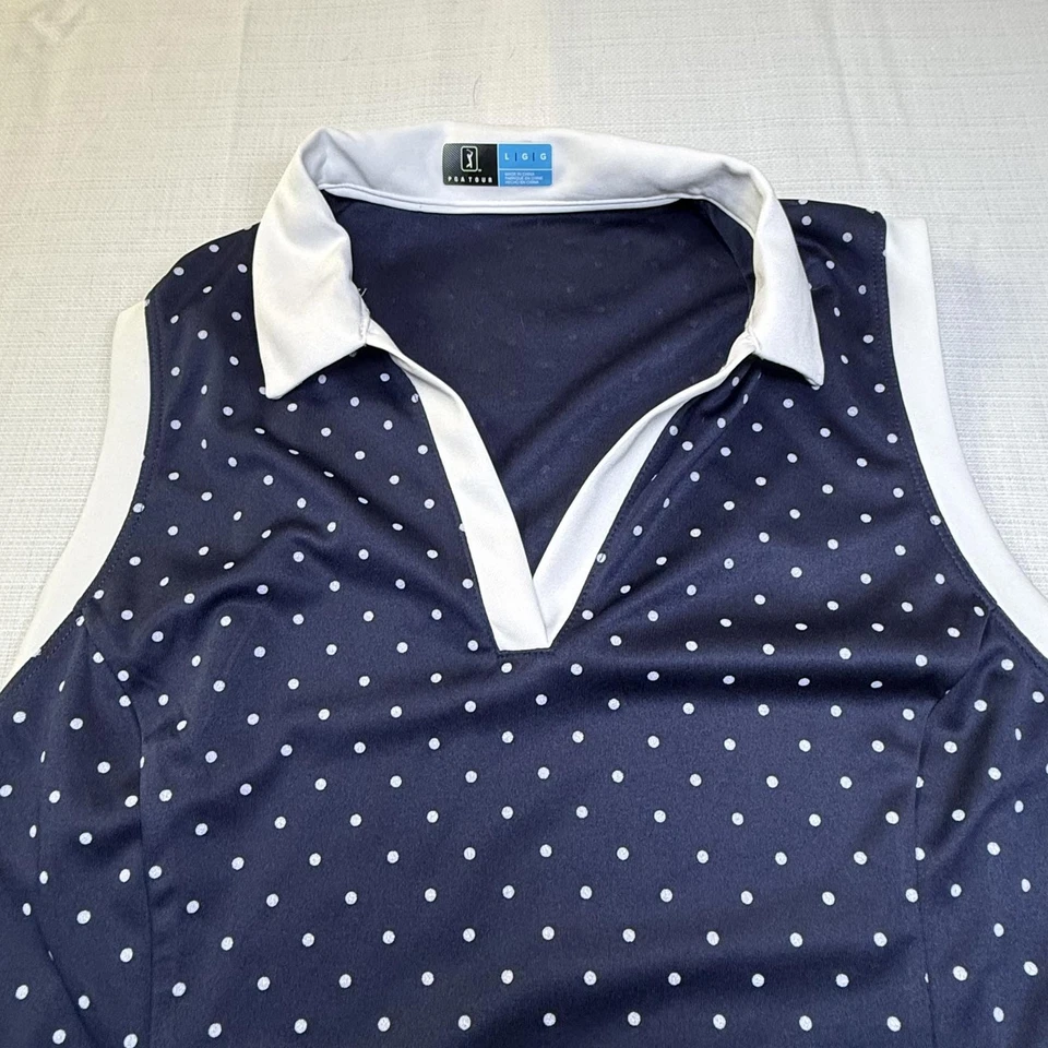 PGA TOUR 高尔夫女式 Airflux 无袖高尔夫 Polo 衫 L 码蓝色白色圆点 — 第 2/4 张图片