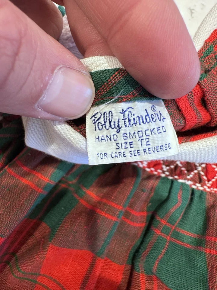 Vestido Polly Flinders Vintage Talla 2T Rojo Verde Cuadros Blanco Encaje Sujetador Calado a Mano Foto 3 de 4