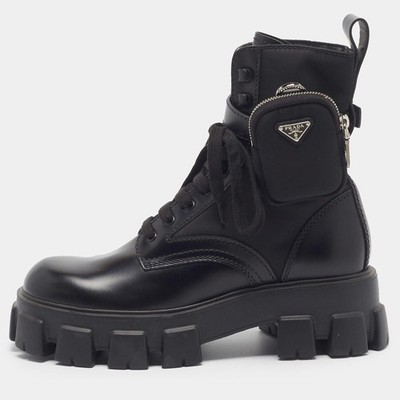 Prada Monolith Size 42 Black Leather and Nylon Ankle Length Boots
