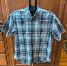 Nautica 80's 2-Ply Cotton Men's Short Sleeve Blue Plaid Smart Casual Shirt Large