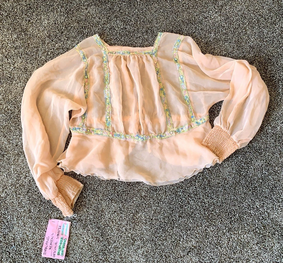 VTG Sheer PEACH NYLON w EMBROIDERY Layered TOP peplum designer sample DaNang M - Image 3 of 4