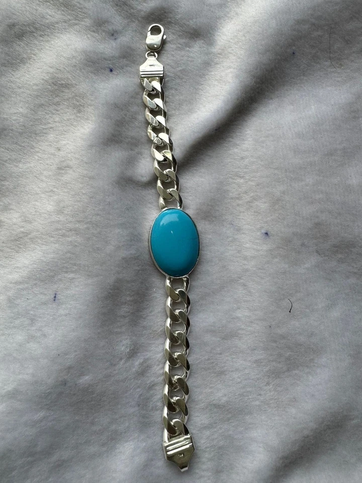 Vintage Simulated Turquoise Oval Cabochon Men's Handmade Bracelet Silver925 - Image 2 of 3