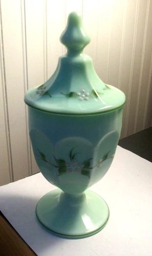 Vintage 1979 WESTMORELAND candy jar green jadeite milkglass Hand Pnt'd signed