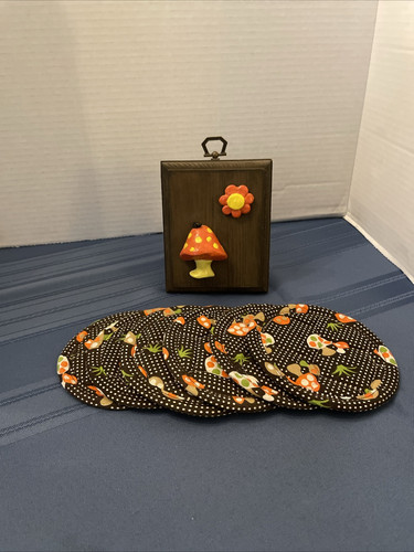 1970s Quilted Mushroom Cloth Coasters With Small Mushroom Wall Hanging Set Of 7
