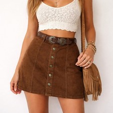 Women's Size 10 Brown Faux Suede Button Front Mini Skirt Boho Western Festival M