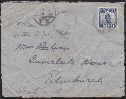 CHINA 1914 10c Junk on cover PEKING to Scotland............................D8312