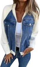 Women Bomber Jacket Zip Up Denim Patchwork Varsity Baseball Denim Jacket