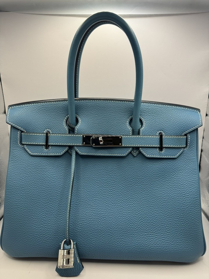 HERMÈS Blue Pebbled Leather Top Handle Bag Turn Lock Silver Hardware Medium