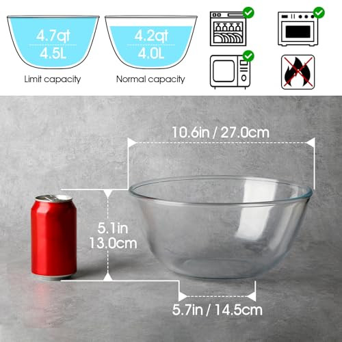 4.7 Quart Large Glass Mixing Bowl, Clear Large Salad Bowls Glass Big Mixing - Picture 3 of 7