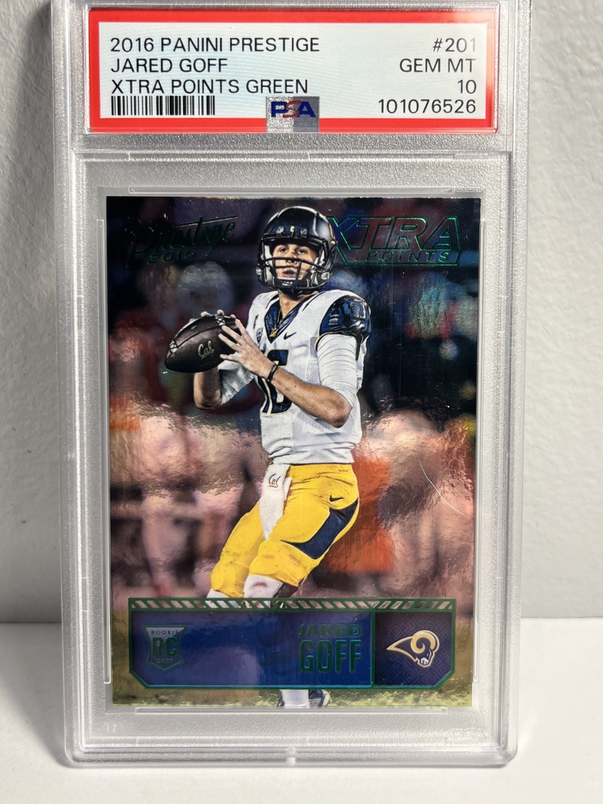 2016 Panini Prestige - #201 Jared Goff Xtra Points Green - ROOKIE CARD - PSA 10 view 2