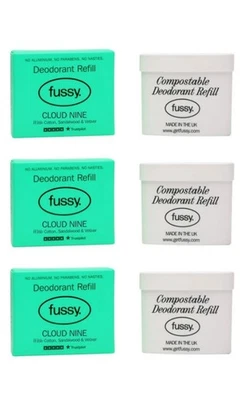 3 x Fussy Deodorant Refills. Cloud Nine 9 Fragrance. Natural/Vegan Friendly.