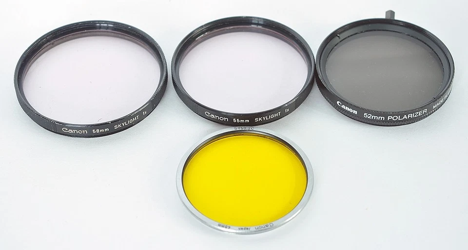4x Vintage Canon Screw-In Lens Filters 58, 55, 52, 48 Skylight,Yellow,Polarizer - Image 2 of 4