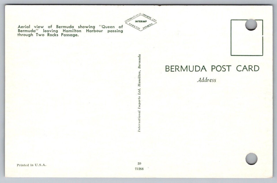 Aerial View Bermuda Queen Hamilton Harbour Two Rocks Passage Postcard