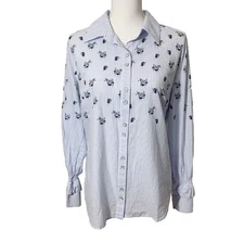 CAbi Womens Whitney Shirt Blue White Stripe Floral Print Blouse M Medium EUC