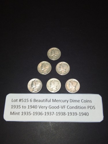 Lot #515 6 Beautiful Mercury Dimes 1935 1936 1937 1938 1939 1940 High Grade-PDS