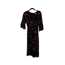 June & Hudson Black Purple Floral Faux Wrap Midi Dress Womens Size M