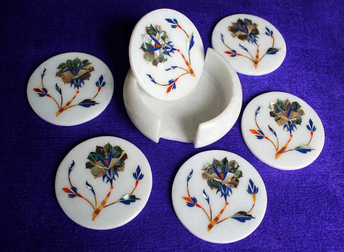 Set De 6 Sous-verres En Marbre Incrustation Lapis-lazuli – Motif Floral Fait Main – Art Déco