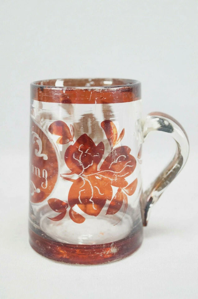 Mid 19th Century Bohemian Zur Erinnenerung Ruby Stained Hand Blown Glass Mug - Image 2 of 4