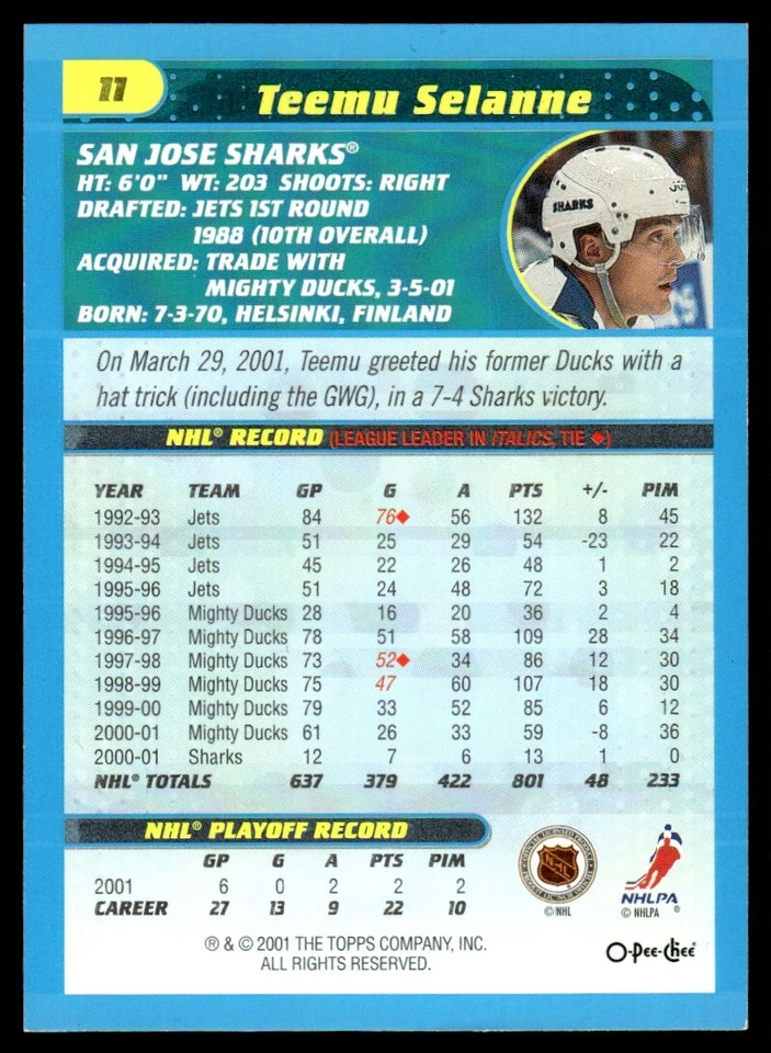 2001-02 Topps O-Pee-Chee RETRO Teemu Selanne San Jose Sharks #11 - Image 2 of 2