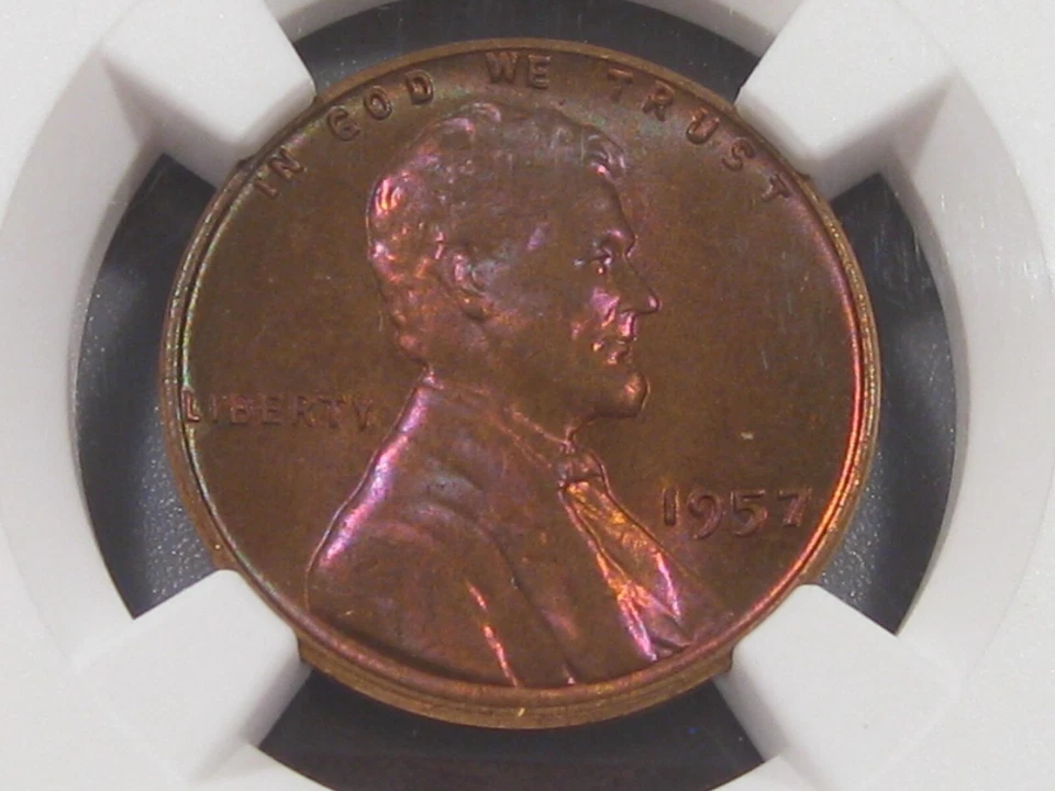BU Rainbow/Pinkish Toned 1957 Lincoln Penny NGC MS65BN. #72 - Image 2 of 4
