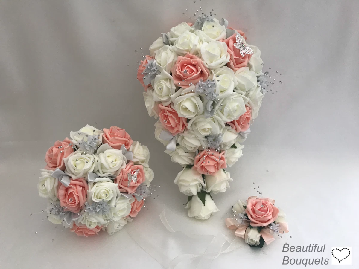 Wedding bouquets Ivory Rose peach flowers Bride Bridesmaid