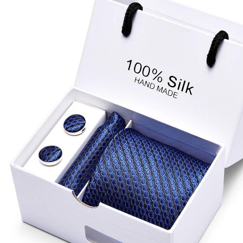 Coffret Ensemble Homme Cravate + Boutons De Manchette + Mouchoir En Soie 100% Bleu
