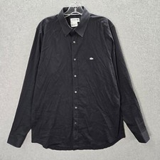 Lacoste Men Button Up Shirt 16.5 Black Logo Slim Fit Long Sleeve Made In Romania