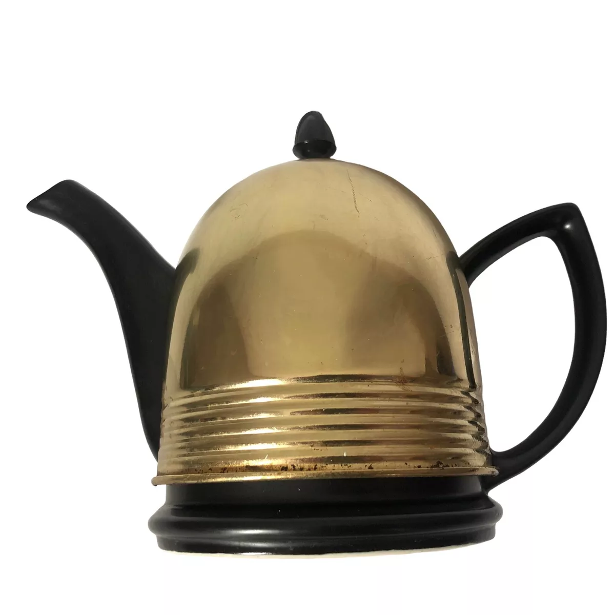 Vintage Ceramic Black Teapot with Gold Metal Insulated Cozy Cover Kettle