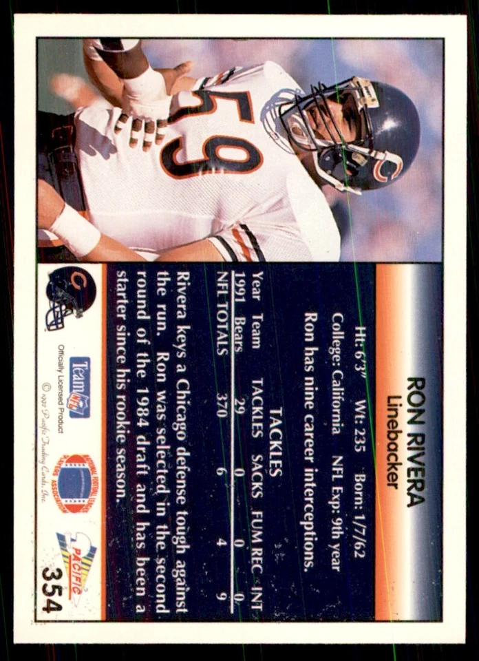 1992 Pacific Ron Rivera Football Cards #354 - Image 2 of 2